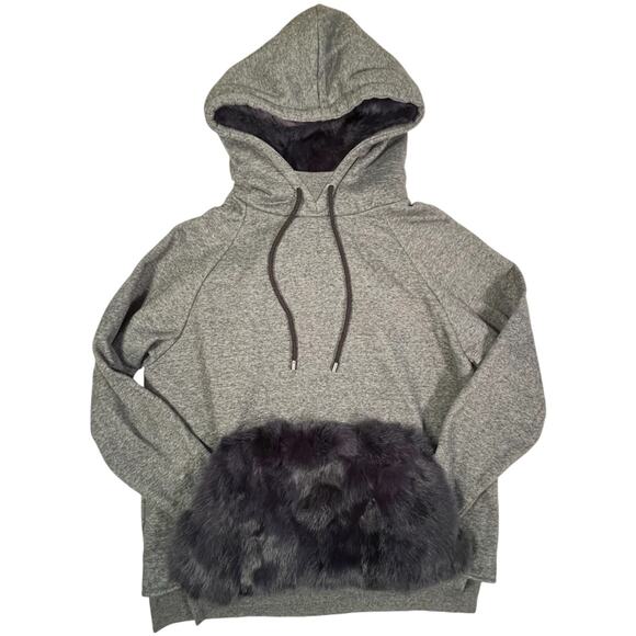 NWOT Jocelyn Small Fur Trim Pullover Hoodie Heather Gray Navy Blue Sweatshirt - Picture 1 of 11